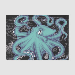 Octopus Teal vintage map Ink Tissue Paper
