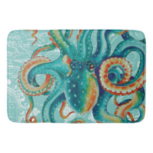 Octopus Teal Vintage Map Watercolor Bath Mat