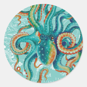 Octopus Teal Vintage Map Watercolor Classic Round Sticker