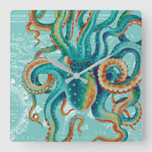 Octopus Teal Vintage Map Watercolor Square Wall Clock