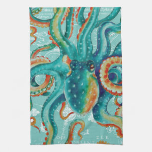 Octopus Teal Vintage Map Watercolor Tea Towel