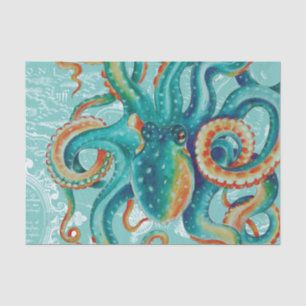 Octopus Teal Vintage Map Watercolor Tissue Paper