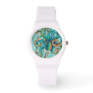 Octopus Teal Vintage Map Watercolor Watch