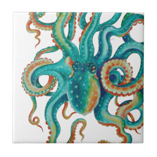 Octopus Teal Watercolor Art Ceramic Tile