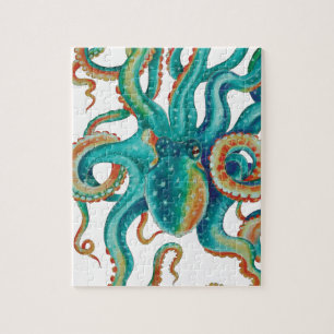 Octopus Teal Watercolor Art Jigsaw Puzzle