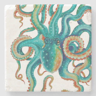 Octopus Teal Watercolor Art Stone Coaster