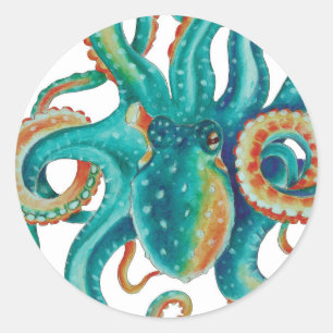 Octopus Teal Watercolor Tentacles Watercolor Classic Round Sticker