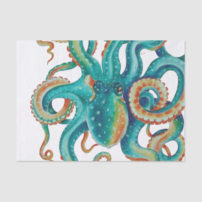 Octopus Teal Watercolor Tentacles Watercolor Tissue Paper (Front)