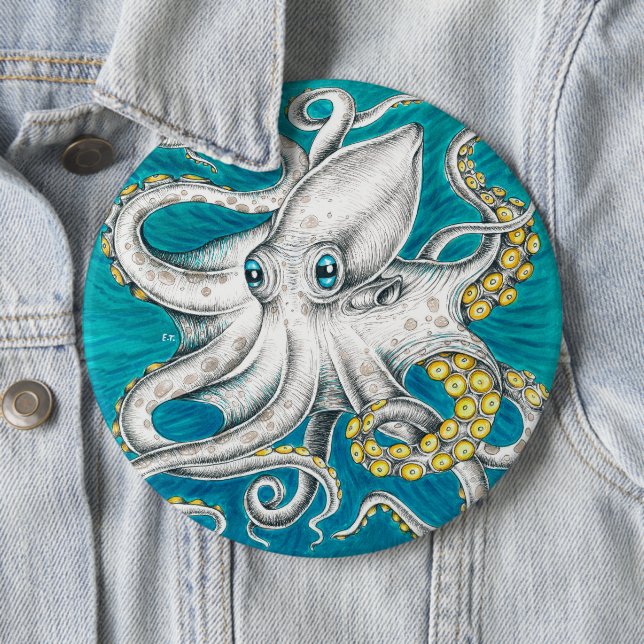 Octopus Tentacles Green teal ink 6 Cm Round Badge (In Situ)