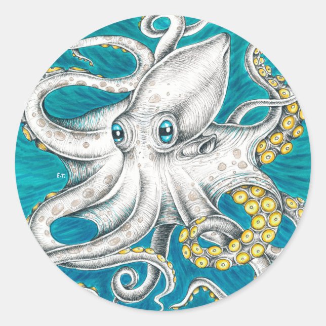 Octopus Tentacles Green teal ink Classic Round Sticker (Front)
