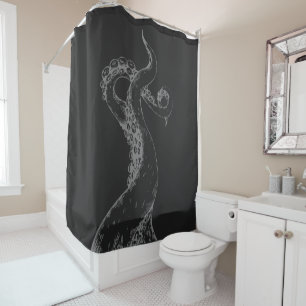 octopus tentacles grey on black shower curtain