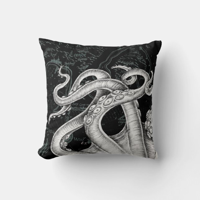 Octopus Tentacles Vintage Map Black Cushion (Front)