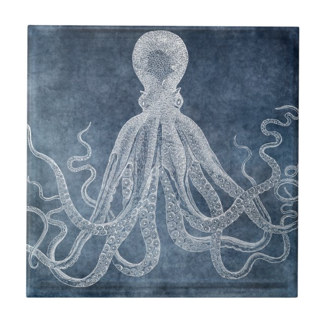 Octopus - Twilight Blue Faded Denim Watercolor Ceramic Tile (Front)