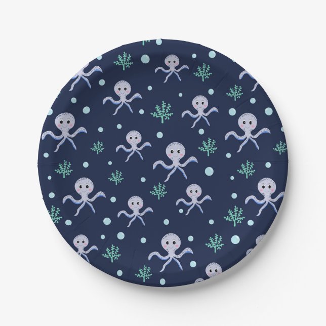 Octopus under the sea kids pattern paper plate (Front)