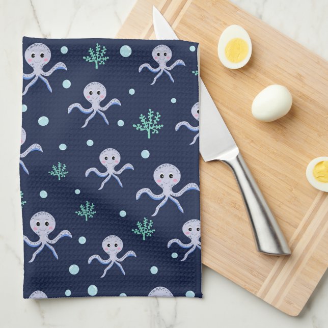 Octopus under the sea kids pattern tea towel (Quarter Fold)
