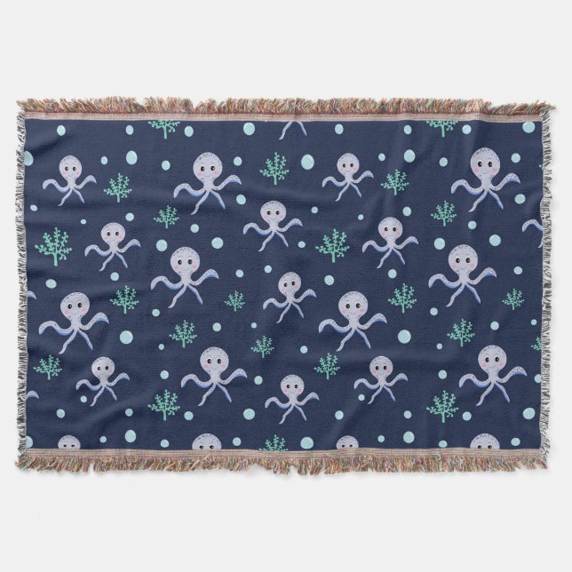 Octopus under the sea kids pattern throw blanket (Front)