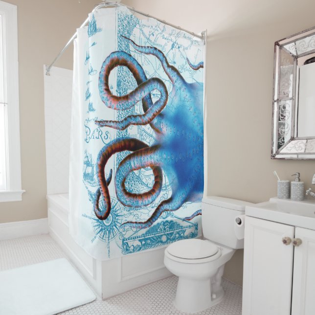 Octopus Vintage Map Shower Curtain (In Situ)