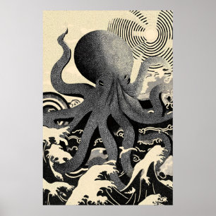 Octopus Wall Art Print, Nautical Ocean Waves