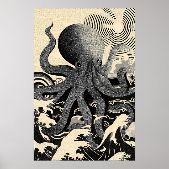 Octopus Wall Art Print, Nautical Ocean Waves (Front)