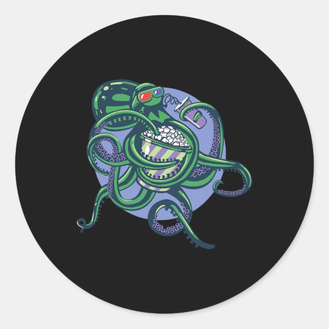 Octopus Watching A Movie - Detailed Graphic Design Classic Round Sticker (Front)