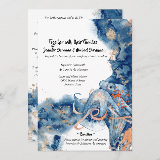 Octopus watercolor beach wedding coastal sea life invitation (Front/Back)