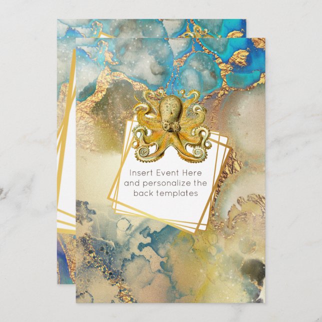 Octopus watercolor gold blue brown nautical invitation (Front/Back)