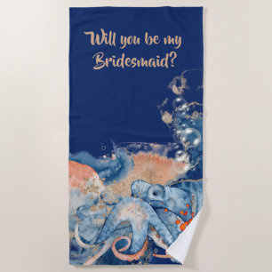 Octopus watercolor navy orange be my bridesmaid beach towel