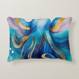 Octopus watercolor teal gold pillow cover