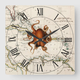 Octopus~West Indies~Caribbean 1785 Nautical Map ~ Square Wall Clock