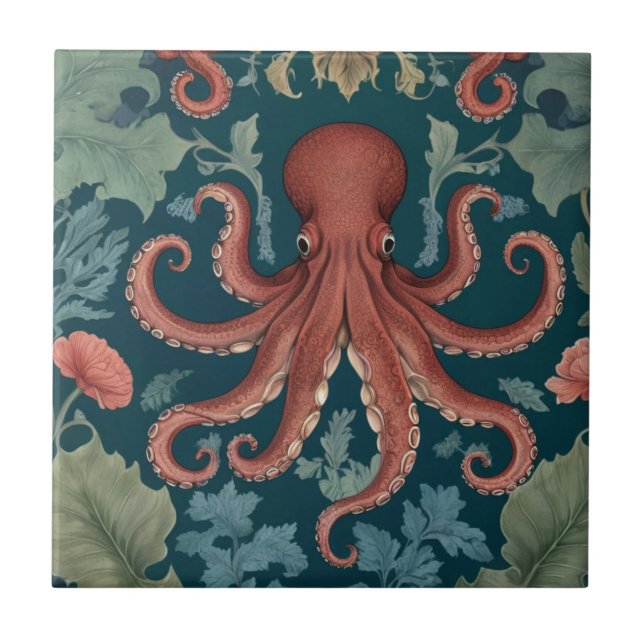 Octopus William Morris style Sea Ocean Marine Ceramic Tile (Front)