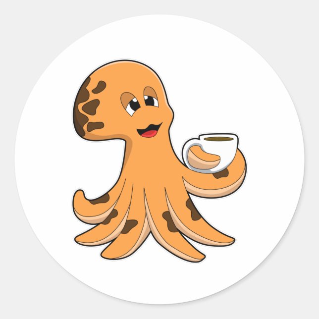 Octopus with Cup of Coffee Classic Round Sticker (Front)