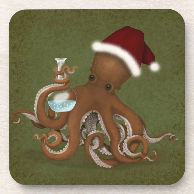 Octopus With Glass Flask & Santa Hat Christmas Coaster (Front)