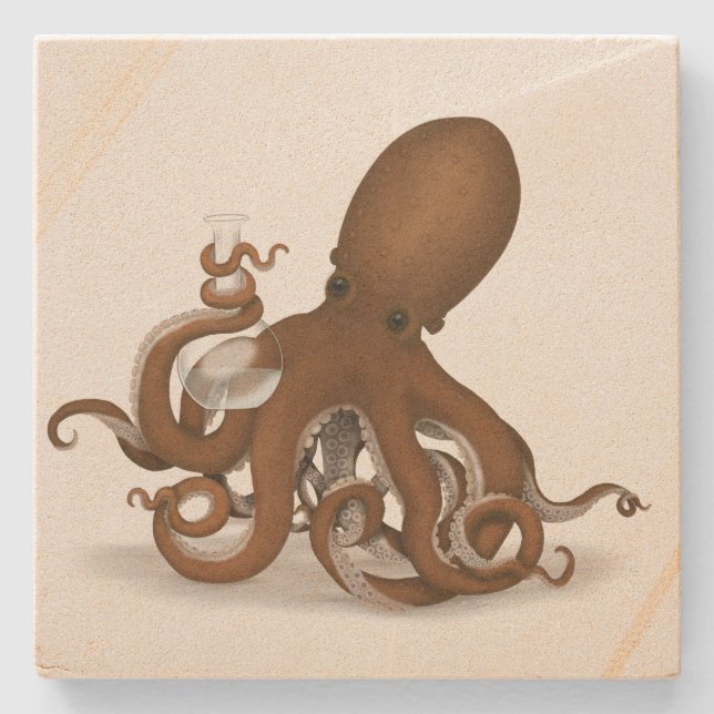 Octopus with Glass Flask Steampunk Nautical Animal Stone Coaster (Front)