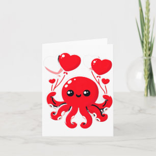 Octopus With Heart Lloons Adorable Valentines Day  Card