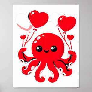 Octopus With Heart Lloons Adorable Valentines Day  Poster