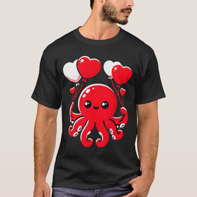 Octopus With Heart Lloons Adorable Valentines Day  T-Shirt (Front)