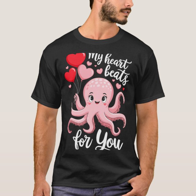 Octopus With Heart Lloons My Heart Beats For You V T-Shirt (Front)