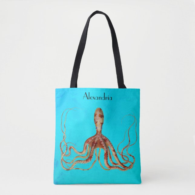 Octopus with Long Tentacles on Blue Background Tote Bag (Front)