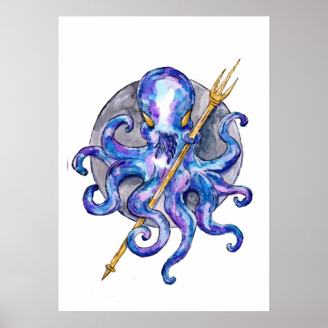 Octopus with Trident Watercolor Poster (Front)