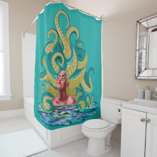 Octopus Woman Shower Curtain Gold Tentacles