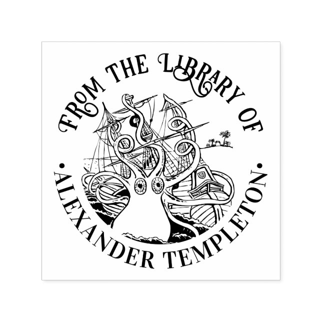 Octopus Wrapped Around Ship #2 Library Book Name Self-inking Stamp (Design)
