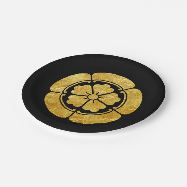 Oda Mon Japanese samurai clan faux gold on black Paper Plate (Angled)