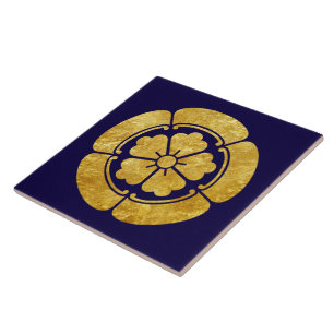Oda Mon Japanese samurai clan faux gold on blue Tile