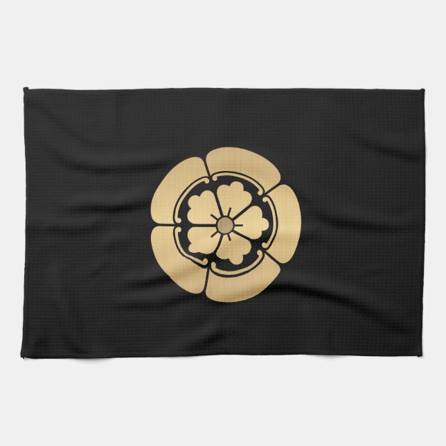 Oda Mon samurai clan brushed Faux gold on black Tea Towel (Horizontal)