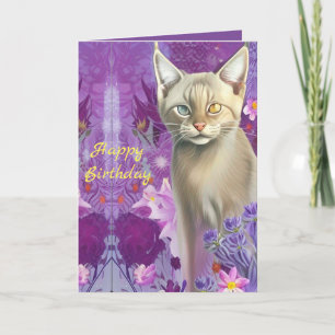Odd eyed Siamese kitten in pink Happy Birthday Card