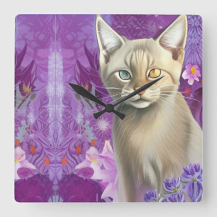 Odd Eyed Siamese Kitten in purple Square Wall Clock