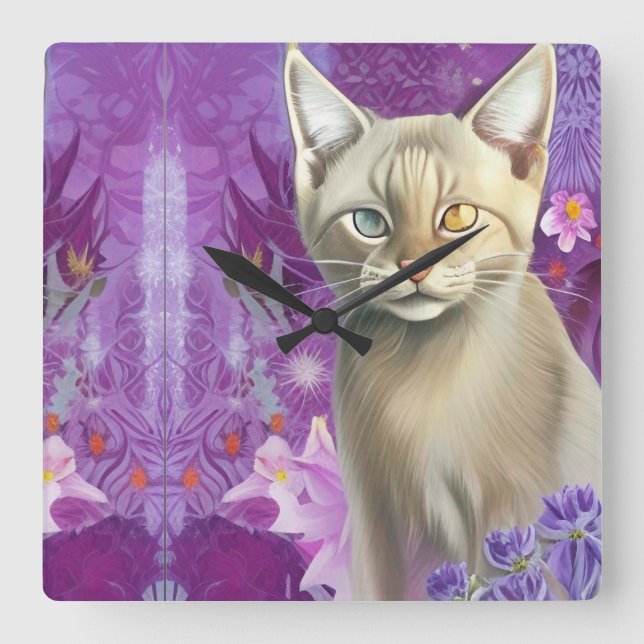 Odd Eyed Siamese Kitten in purple Square Wall Clock (Front)