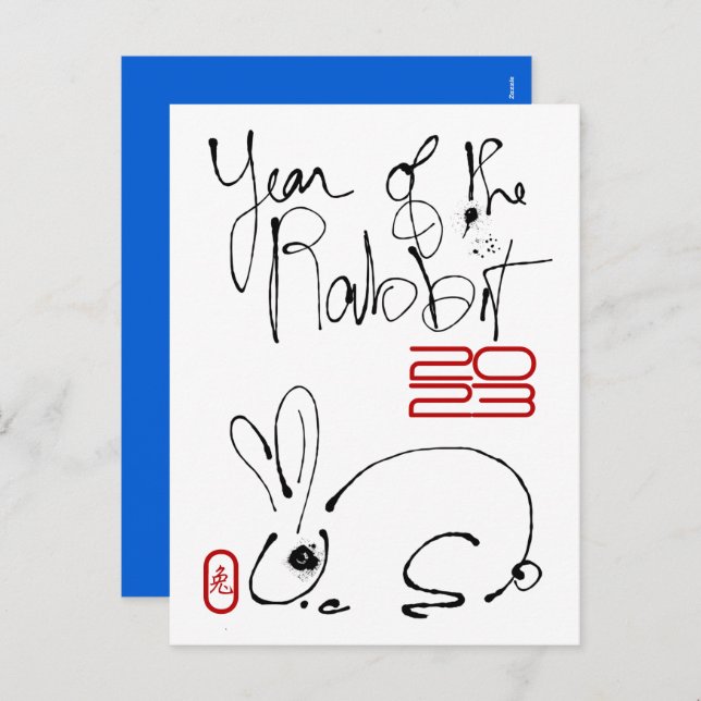 Odd Rabbit original ink Drawing Chinese Year Birth Holiday Postcard (Front/Back)