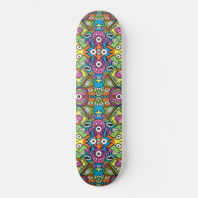 Odd smiling critters in a whimsical pattern design skateboard (Front)