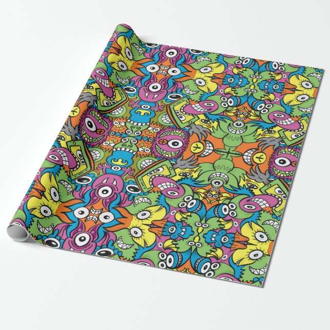 Odd smiling critters in a whimsical pattern design wrapping paper (Unrolled)